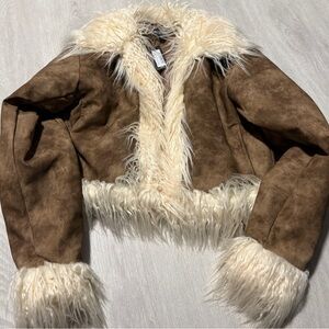 PrettyLittleThing Chocolate Jacket with Cream Faux Fur
